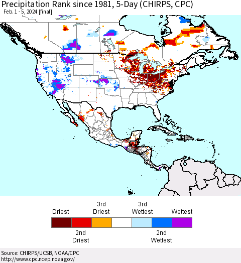 North America Precipitation Rank since 1981, 5-Day (CHIRPS) Thematic Map For 2/1/2024 - 2/5/2024