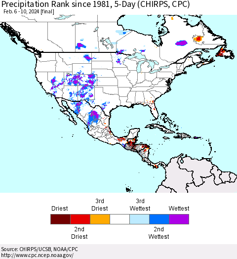 North America Precipitation Rank since 1981, 5-Day (CHIRPS) Thematic Map For 2/6/2024 - 2/10/2024