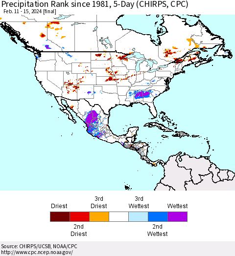 North America Precipitation Rank since 1981, 5-Day (CHIRPS) Thematic Map For 2/11/2024 - 2/15/2024