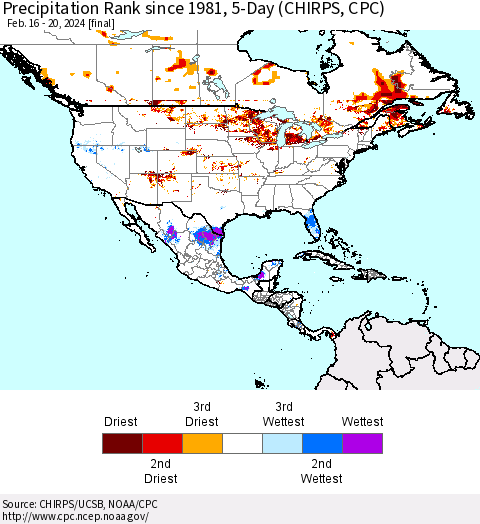 North America Precipitation Rank since 1981, 5-Day (CHIRPS) Thematic Map For 2/16/2024 - 2/20/2024