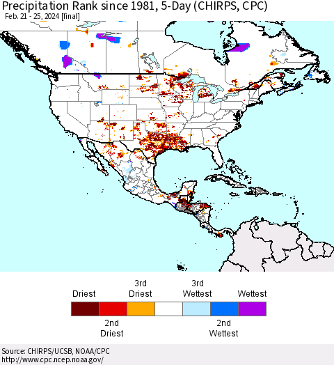 North America Precipitation Rank since 1981, 5-Day (CHIRPS) Thematic Map For 2/21/2024 - 2/25/2024