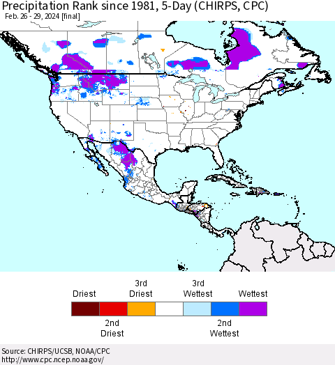 North America Precipitation Rank since 1981, 5-Day (CHIRPS) Thematic Map For 2/26/2024 - 2/29/2024