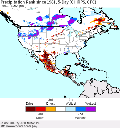 North America Precipitation Rank since 1981, 5-Day (CHIRPS) Thematic Map For 3/1/2024 - 3/5/2024