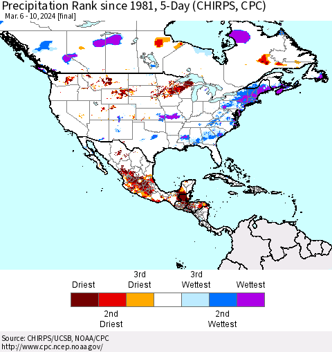 North America Precipitation Rank since 1981, 5-Day (CHIRPS) Thematic Map For 3/6/2024 - 3/10/2024