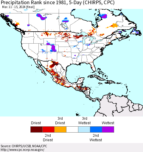North America Precipitation Rank since 1981, 5-Day (CHIRPS) Thematic Map For 3/11/2024 - 3/15/2024