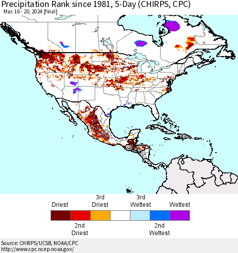 North America Precipitation Rank since 1981, 5-Day (CHIRPS) Thematic Map For 3/16/2024 - 3/20/2024