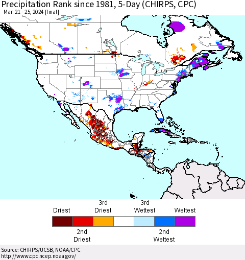 North America Precipitation Rank since 1981, 5-Day (CHIRPS) Thematic Map For 3/21/2024 - 3/25/2024