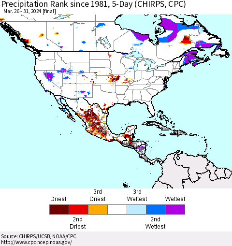 North America Precipitation Rank since 1981, 5-Day (CHIRPS) Thematic Map For 3/26/2024 - 3/31/2024