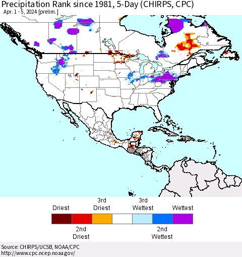 North America Precipitation Rank since 1981, 5-Day (CHIRPS) Thematic Map For 4/1/2024 - 4/5/2024