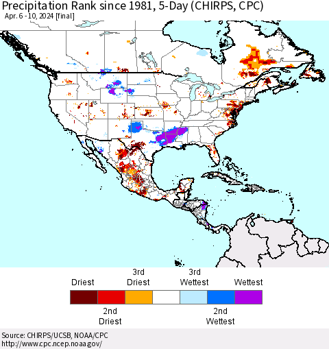 North America Precipitation Rank since 1981, 5-Day (CHIRPS) Thematic Map For 4/6/2024 - 4/10/2024