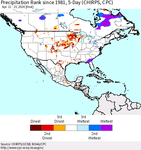 North America Precipitation Rank since 1981, 5-Day (CHIRPS) Thematic Map For 4/11/2024 - 4/15/2024