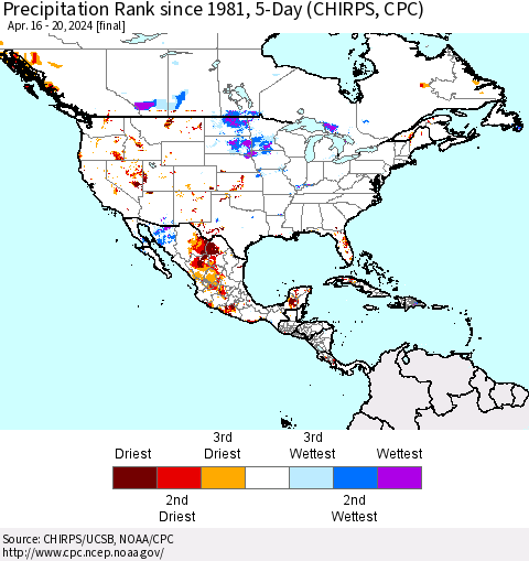 North America Precipitation Rank since 1981, 5-Day (CHIRPS) Thematic Map For 4/16/2024 - 4/20/2024