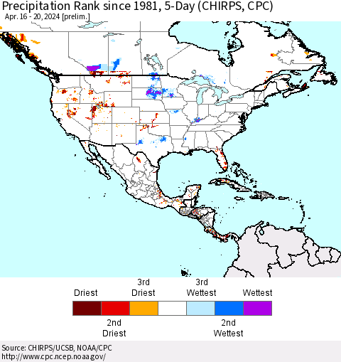 North America Precipitation Rank since 1981, 5-Day (CHIRPS) Thematic Map For 4/16/2024 - 4/20/2024
