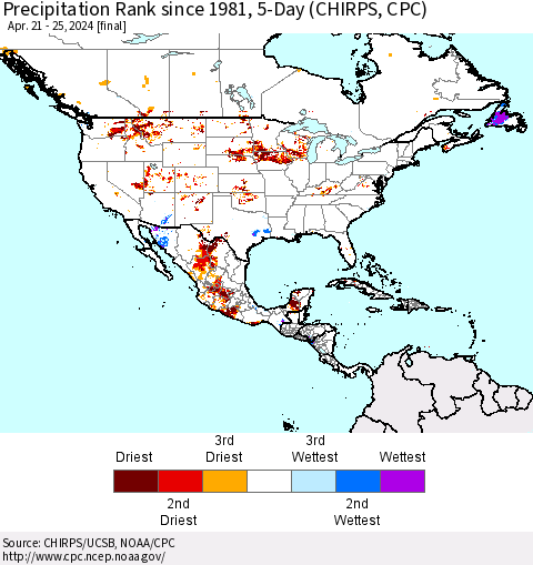 North America Precipitation Rank since 1981, 5-Day (CHIRPS) Thematic Map For 4/21/2024 - 4/25/2024