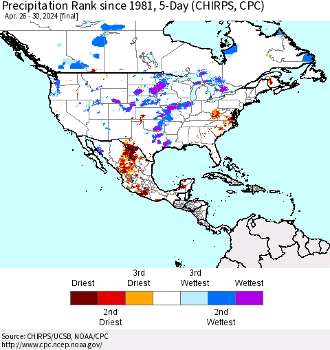 North America Precipitation Rank since 1981, 5-Day (CHIRPS) Thematic Map For 4/26/2024 - 4/30/2024