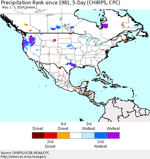 North America Precipitation Rank since 1981, 5-Day (CHIRPS) Thematic Map For 5/1/2024 - 5/5/2024