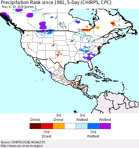 North America Precipitation Rank since 1981, 5-Day (CHIRPS) Thematic Map For 5/6/2024 - 5/10/2024