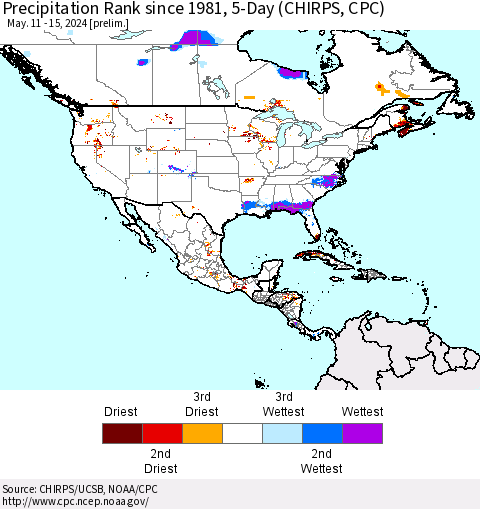 North America Precipitation Rank since 1981, 5-Day (CHIRPS) Thematic Map For 5/11/2024 - 5/15/2024