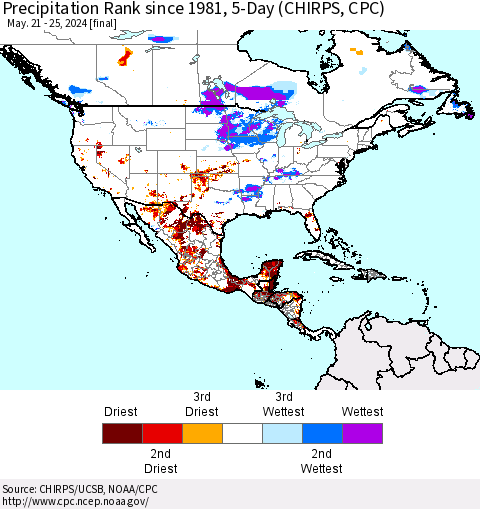 North America Precipitation Rank since 1981, 5-Day (CHIRPS) Thematic Map For 5/21/2024 - 5/25/2024