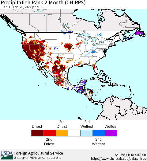 North America Precipitation Rank since 1981, 2-Month (CHIRPS) Thematic Map For 1/1/2022 - 2/28/2022