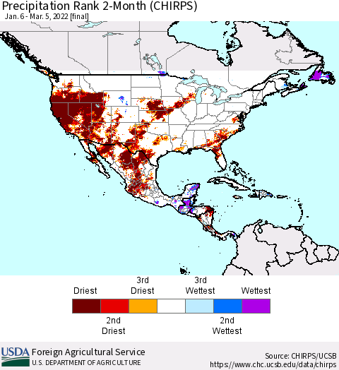 North America Precipitation Rank since 1981, 2-Month (CHIRPS) Thematic Map For 1/6/2022 - 3/5/2022