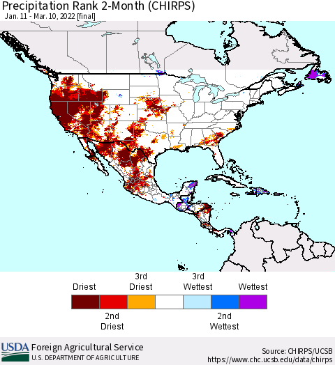 North America Precipitation Rank since 1981, 2-Month (CHIRPS) Thematic Map For 1/11/2022 - 3/10/2022