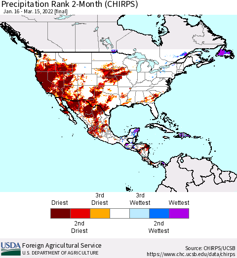 North America Precipitation Rank since 1981, 2-Month (CHIRPS) Thematic Map For 1/16/2022 - 3/15/2022