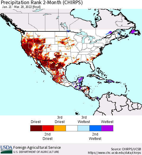 North America Precipitation Rank since 1981, 2-Month (CHIRPS) Thematic Map For 1/21/2022 - 3/20/2022