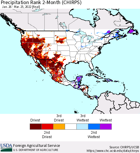 North America Precipitation Rank since 1981, 2-Month (CHIRPS) Thematic Map For 1/26/2022 - 3/25/2022
