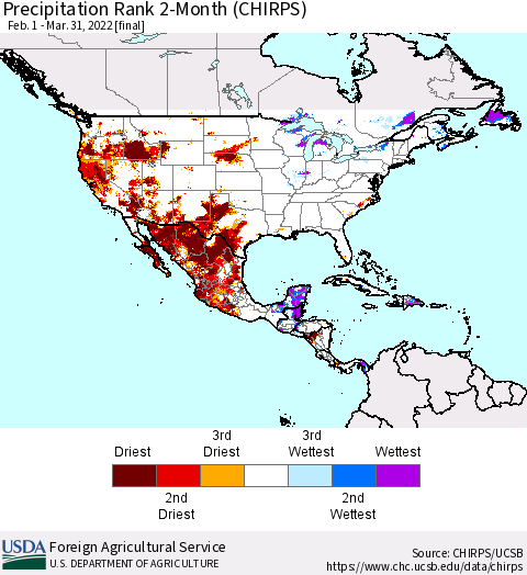 North America Precipitation Rank since 1981, 2-Month (CHIRPS) Thematic Map For 2/1/2022 - 3/31/2022