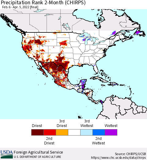 North America Precipitation Rank since 1981, 2-Month (CHIRPS) Thematic Map For 2/6/2022 - 4/5/2022