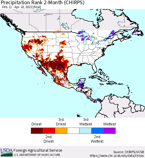 North America Precipitation Rank since 1981, 2-Month (CHIRPS) Thematic Map For 2/11/2022 - 4/10/2022