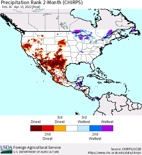 North America Precipitation Rank since 1981, 2-Month (CHIRPS) Thematic Map For 2/16/2022 - 4/15/2022