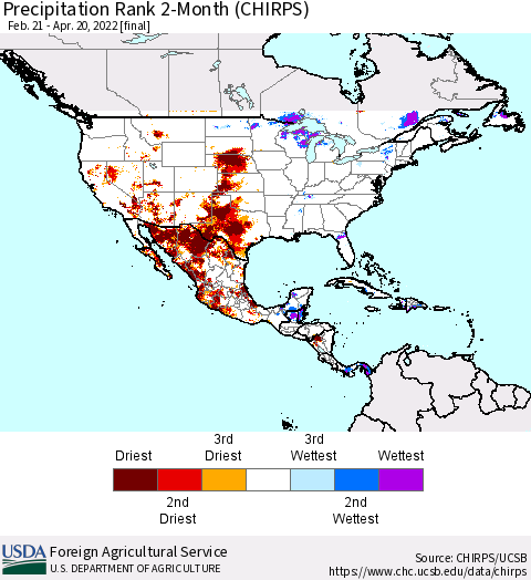 North America Precipitation Rank since 1981, 2-Month (CHIRPS) Thematic Map For 2/21/2022 - 4/20/2022
