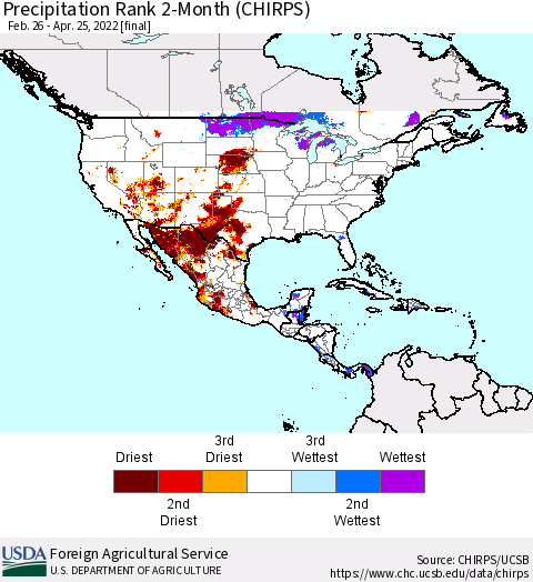 North America Precipitation Rank since 1981, 2-Month (CHIRPS) Thematic Map For 2/26/2022 - 4/25/2022