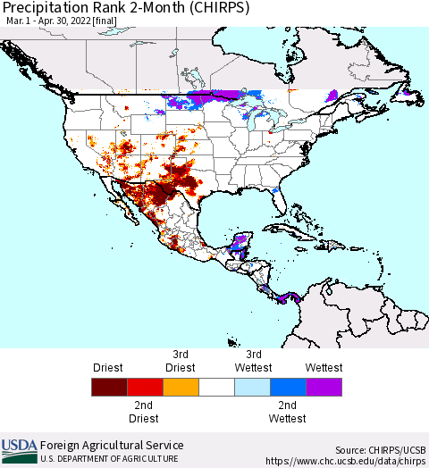 North America Precipitation Rank since 1981, 2-Month (CHIRPS) Thematic Map For 3/1/2022 - 4/30/2022