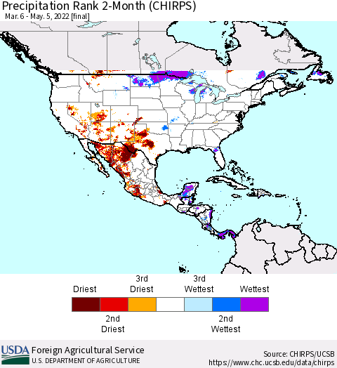 North America Precipitation Rank since 1981, 2-Month (CHIRPS) Thematic Map For 3/6/2022 - 5/5/2022