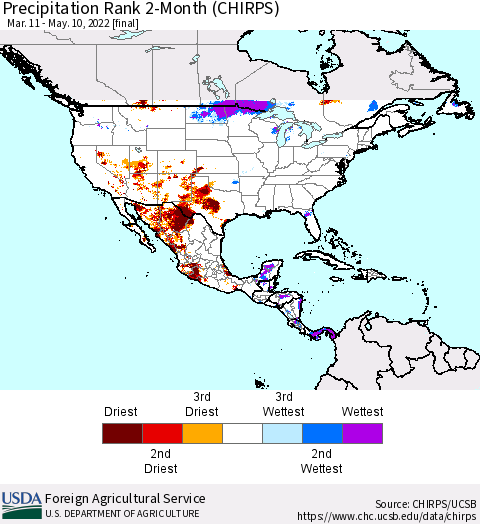 North America Precipitation Rank since 1981, 2-Month (CHIRPS) Thematic Map For 3/11/2022 - 5/10/2022