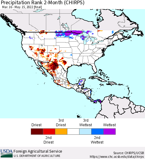 North America Precipitation Rank since 1981, 2-Month (CHIRPS) Thematic Map For 3/16/2022 - 5/15/2022