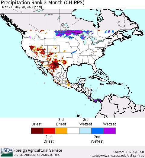North America Precipitation Rank since 1981, 2-Month (CHIRPS) Thematic Map For 3/21/2022 - 5/20/2022