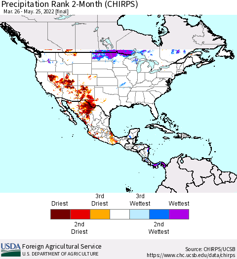 North America Precipitation Rank since 1981, 2-Month (CHIRPS) Thematic Map For 3/26/2022 - 5/25/2022