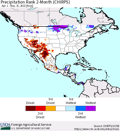 North America Precipitation Rank since 1981, 2-Month (CHIRPS) Thematic Map For 4/1/2022 - 5/31/2022