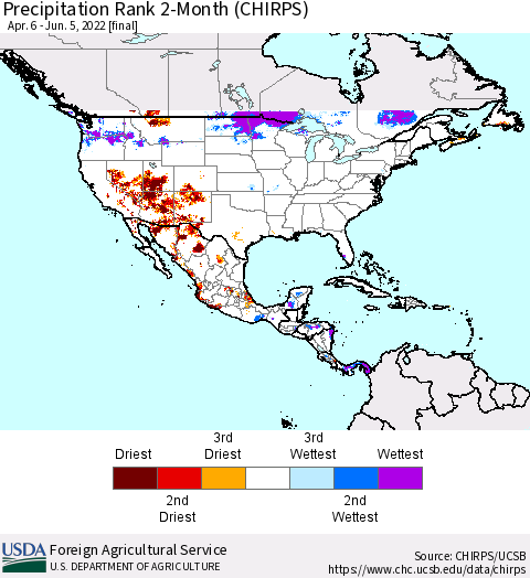 North America Precipitation Rank since 1981, 2-Month (CHIRPS) Thematic Map For 4/6/2022 - 6/5/2022