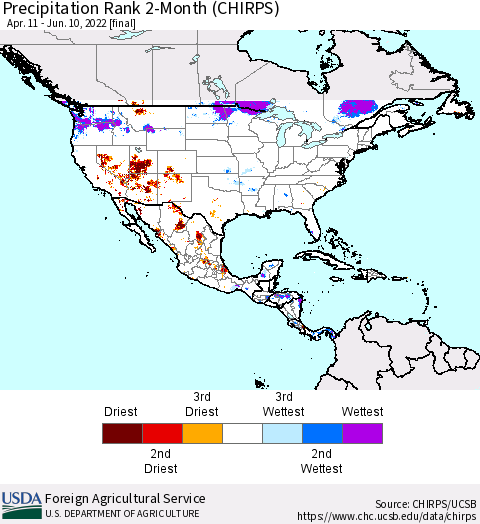 North America Precipitation Rank since 1981, 2-Month (CHIRPS) Thematic Map For 4/11/2022 - 6/10/2022