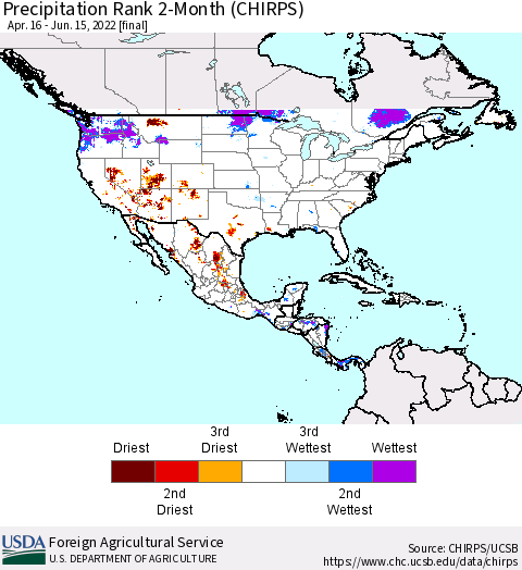 North America Precipitation Rank since 1981, 2-Month (CHIRPS) Thematic Map For 4/16/2022 - 6/15/2022