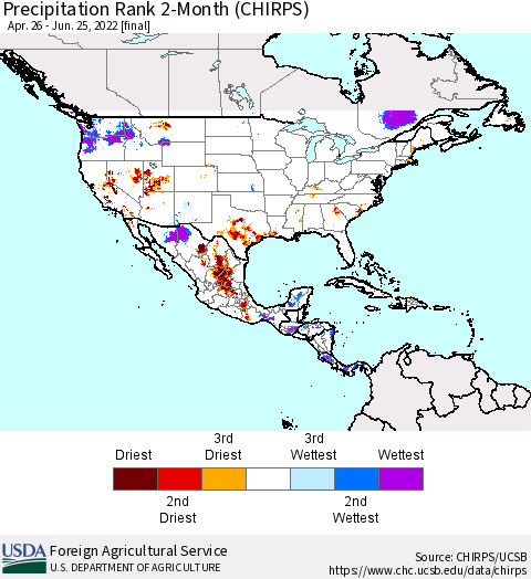 North America Precipitation Rank since 1981, 2-Month (CHIRPS) Thematic Map For 4/26/2022 - 6/25/2022