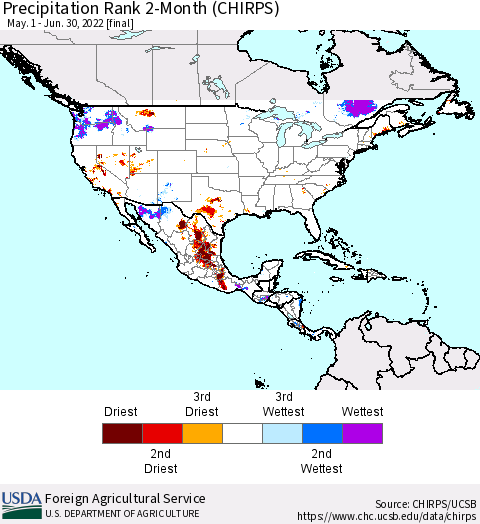 North America Precipitation Rank since 1981, 2-Month (CHIRPS) Thematic Map For 5/1/2022 - 6/30/2022