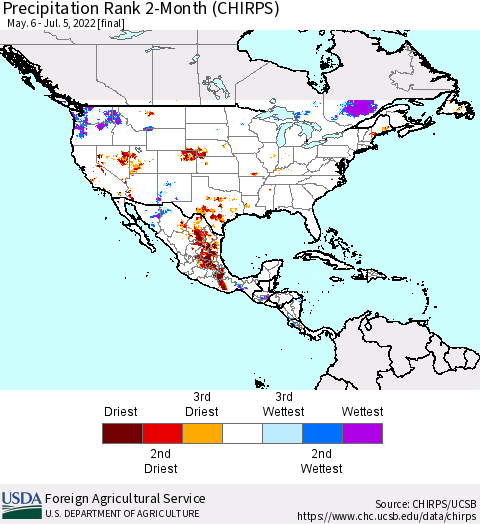 North America Precipitation Rank since 1981, 2-Month (CHIRPS) Thematic Map For 5/6/2022 - 7/5/2022