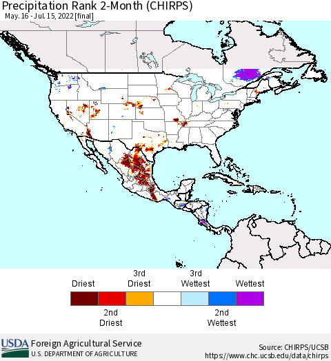 North America Precipitation Rank since 1981, 2-Month (CHIRPS) Thematic Map For 5/16/2022 - 7/15/2022