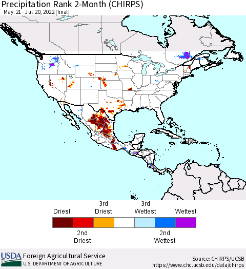 North America Precipitation Rank since 1981, 2-Month (CHIRPS) Thematic Map For 5/21/2022 - 7/20/2022
